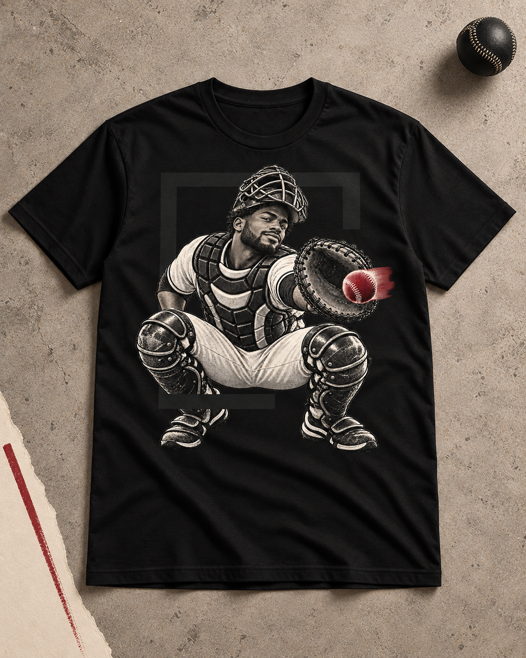 Black Catcher baseball graphic T-shirt styled on a slate surface.