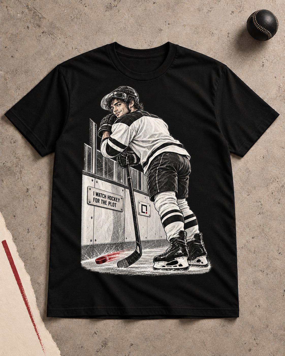 Black I Watch Hockey for the Plot graphic T-shirt with an oxblood puck detail.