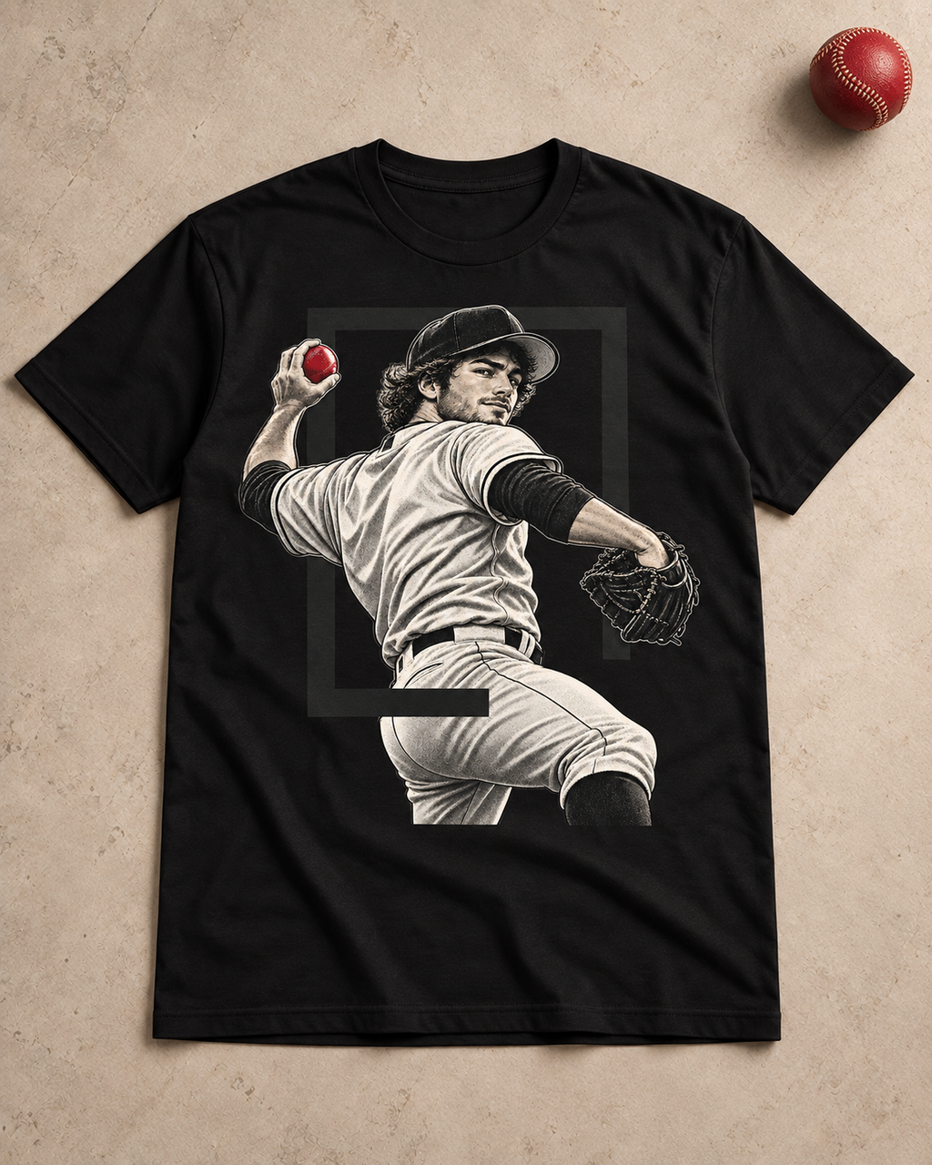 Black Pitcher baseball graphic T-shirt shown in a flat lay.