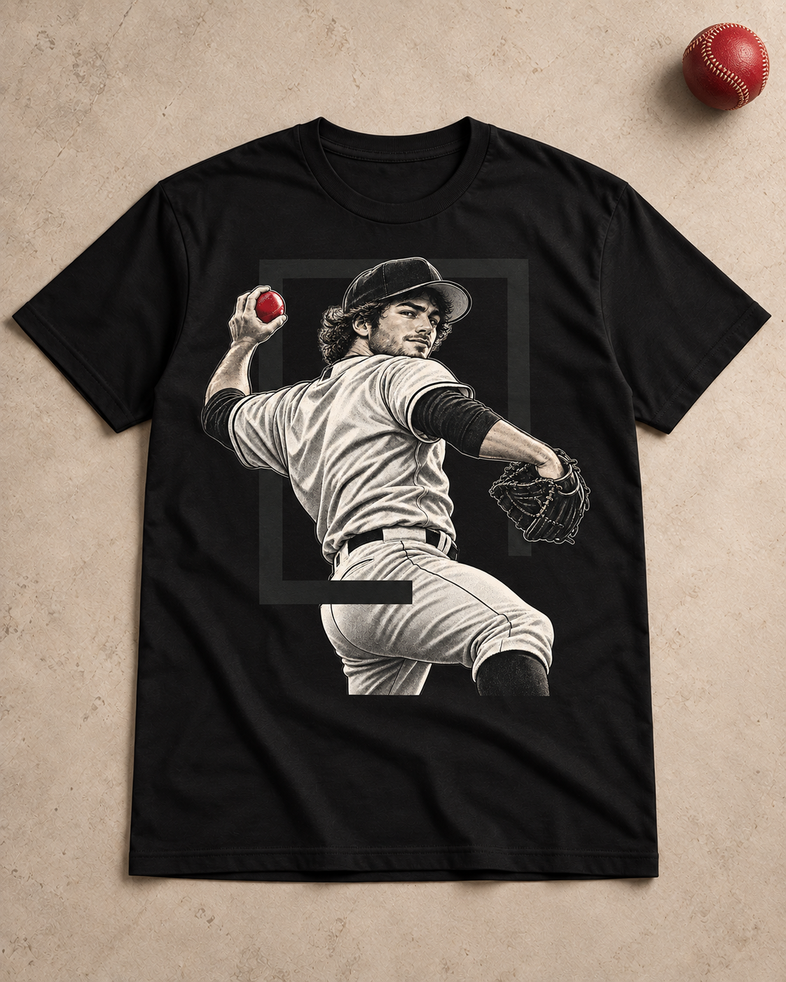 Black Pitcher baseball graphic T-shirt shown in a flat lay.