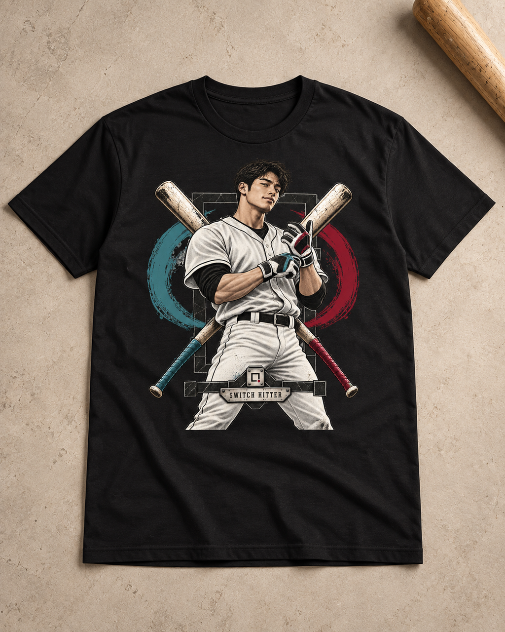 Black Switch Hitter baseball graphic T-shirt shown in a flat lay.