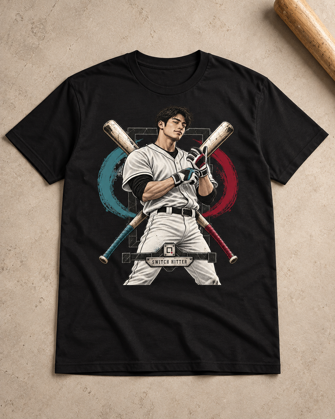 Black Switch Hitter baseball graphic T-shirt shown in a flat lay.