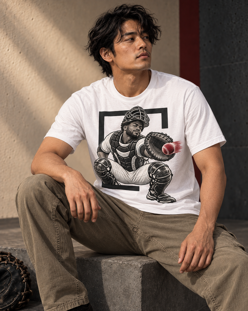 Model wearing a white Catcher baseball graphic T-shirt in a campaign image.