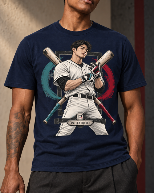 Close-up of the Switch Hitter baseball graphic printed on a navy T-shirt.