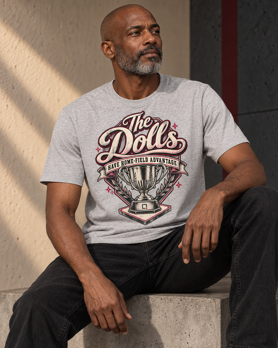 Sport gray T-shirt featuring The Dolls Home-Field Advantage baseball graphic.