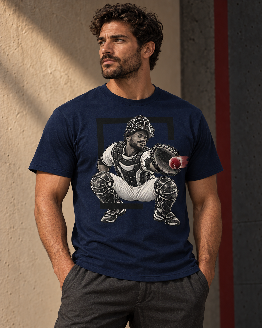 Navy Catcher baseball graphic T-shirt from Position Pending Apparel.