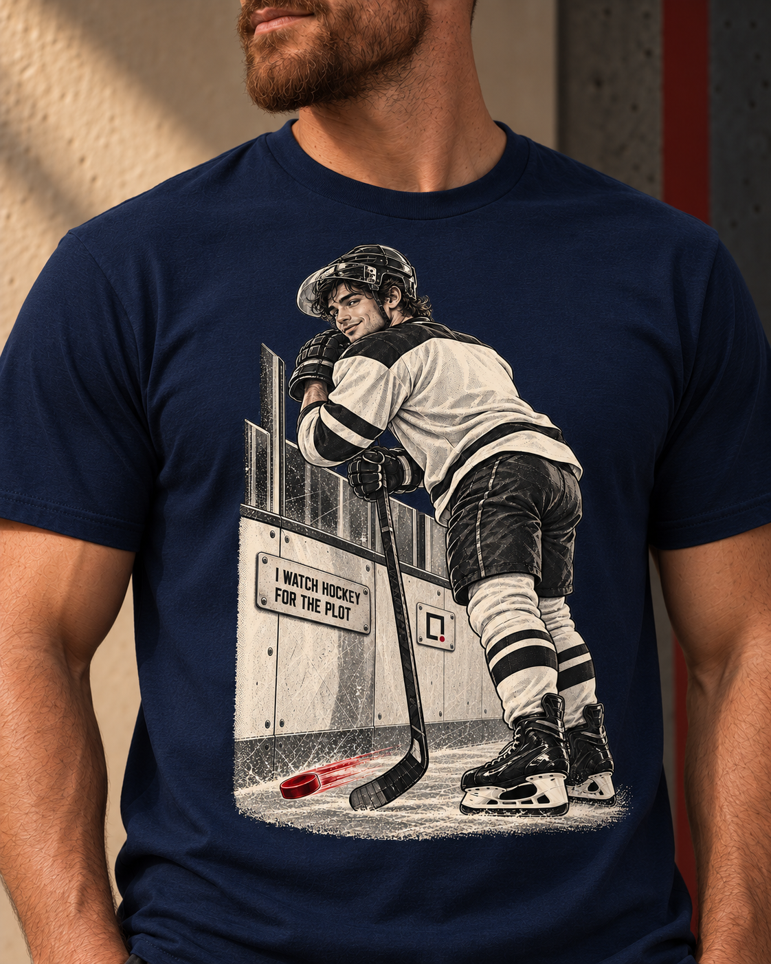 Close-up of the I Watch Hockey for the Plot graphic printed on a navy T-shirt.