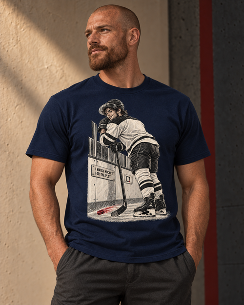 Navy I Watch Hockey for the Plot graphic T-shirt from Position Pending Apparel.