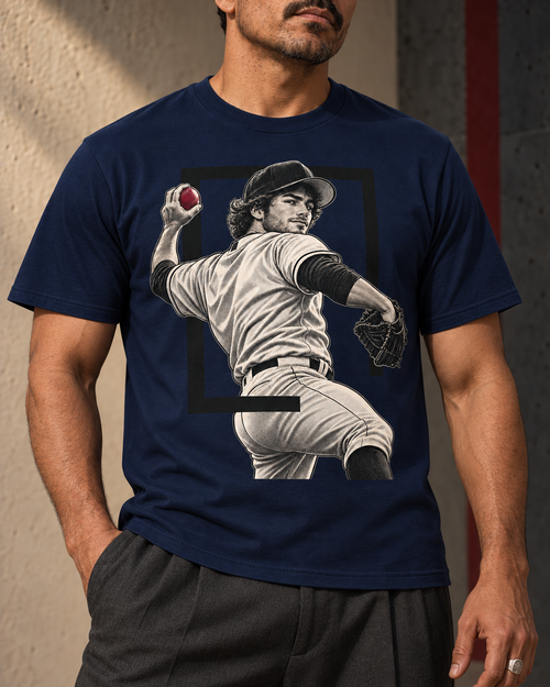 Close-up construction detail of a navy Pitcher baseball graphic T-shirt.
