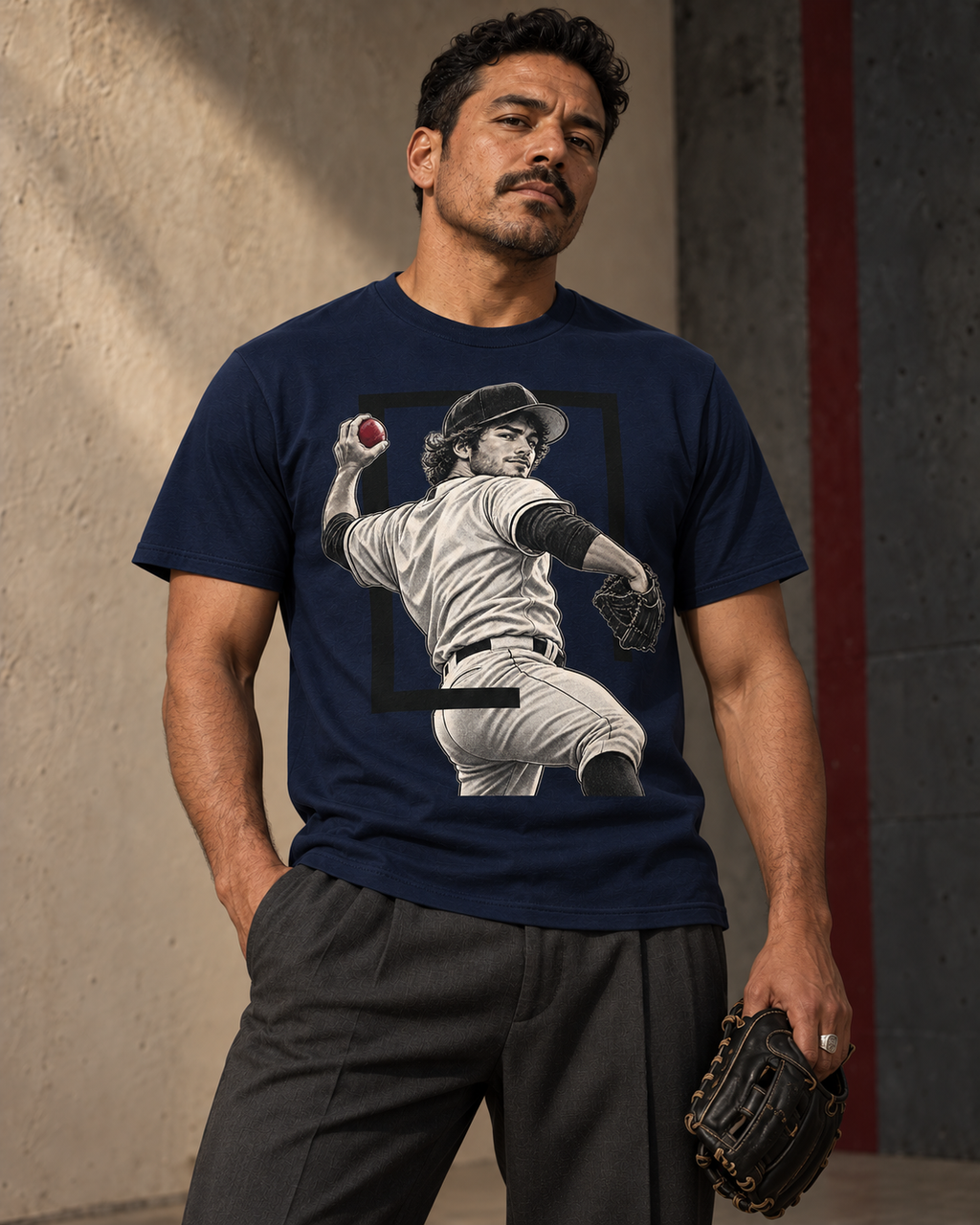 Model wearing a navy Pitcher baseball graphic T-shirt in an editorial portrait.