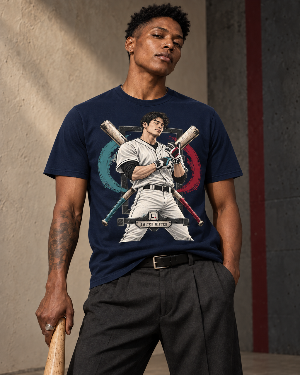 Navy Switch Hitter baseball graphic T-shirt from Position Pending Apparel.