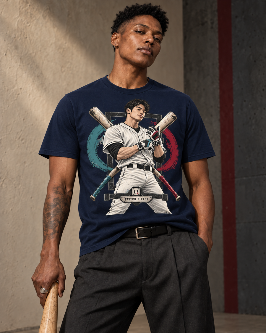 Navy Switch Hitter baseball graphic T-shirt from Position Pending Apparel.