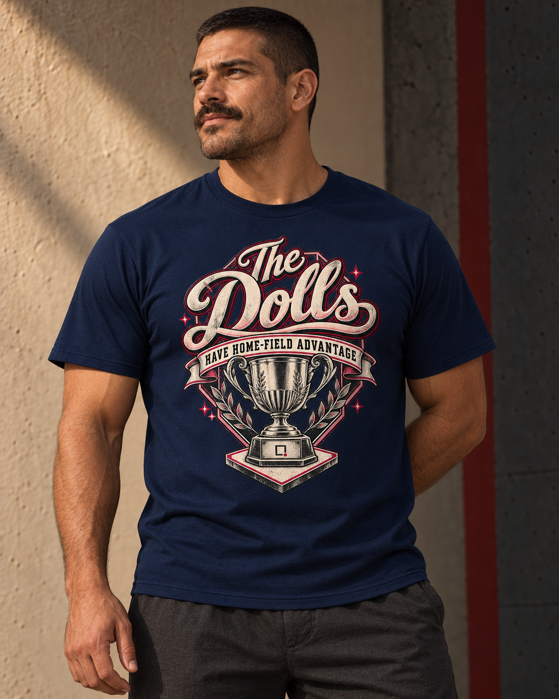 Navy T-shirt featuring The Dolls Home-Field Advantage baseball graphic.