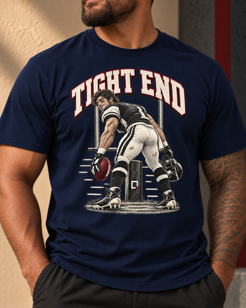 Close-up detail of the Tight End football graphic printed on a navy T-shirt.
