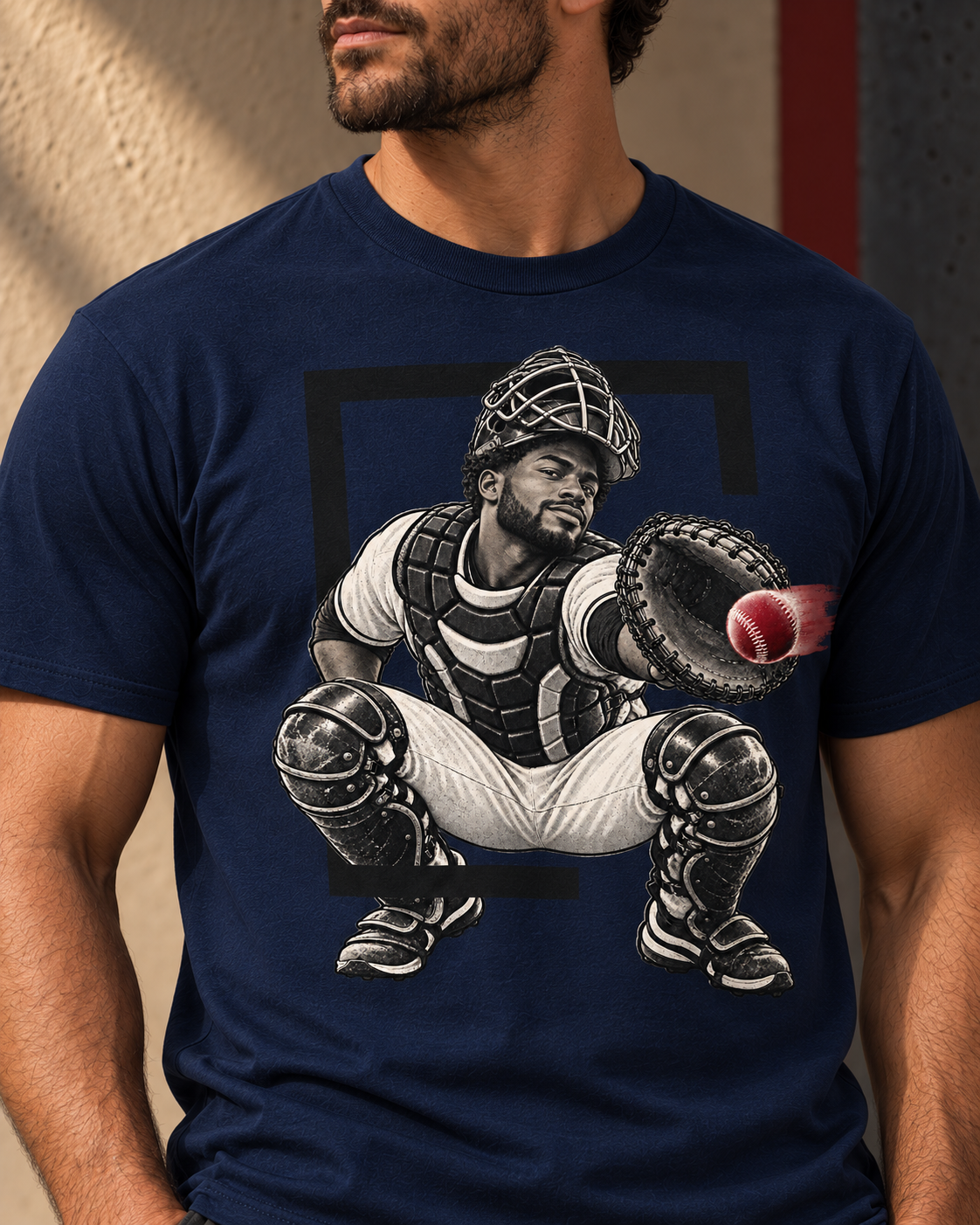 Premium navy T-shirt featuring the Catcher baseball artwork.
