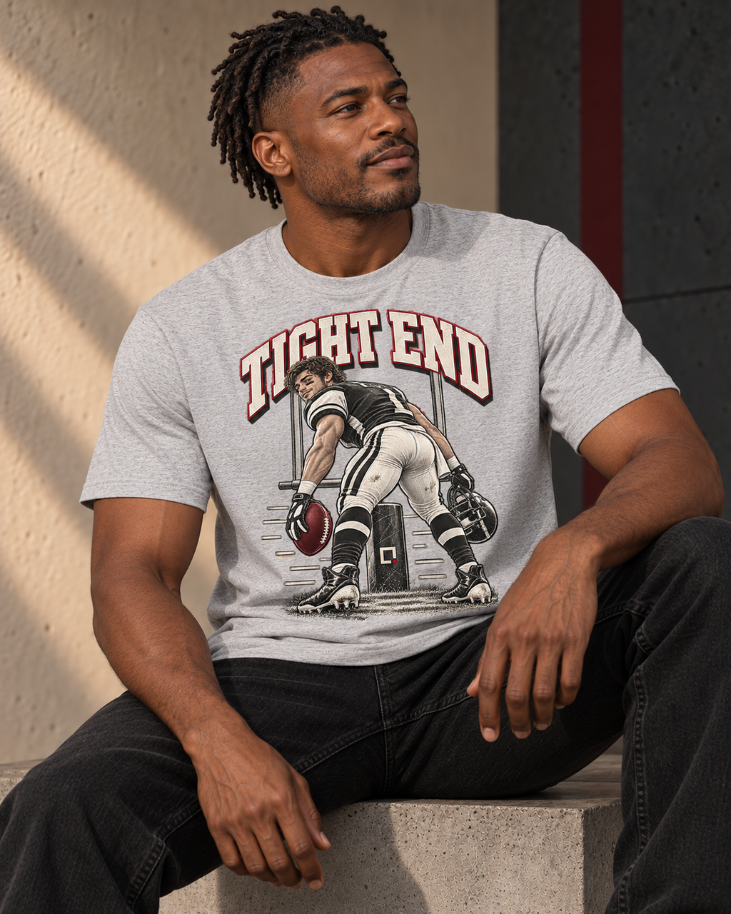 Seated model wearing the Tight End football graphic T-shirt in an alternate fit.