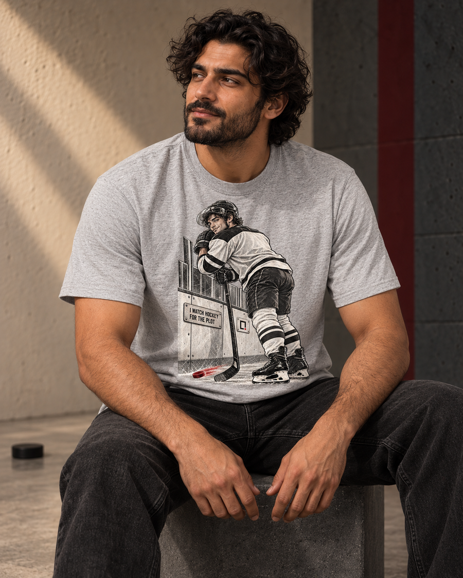 Sport gray I Watch Hockey for the Plot graphic T-shirt.