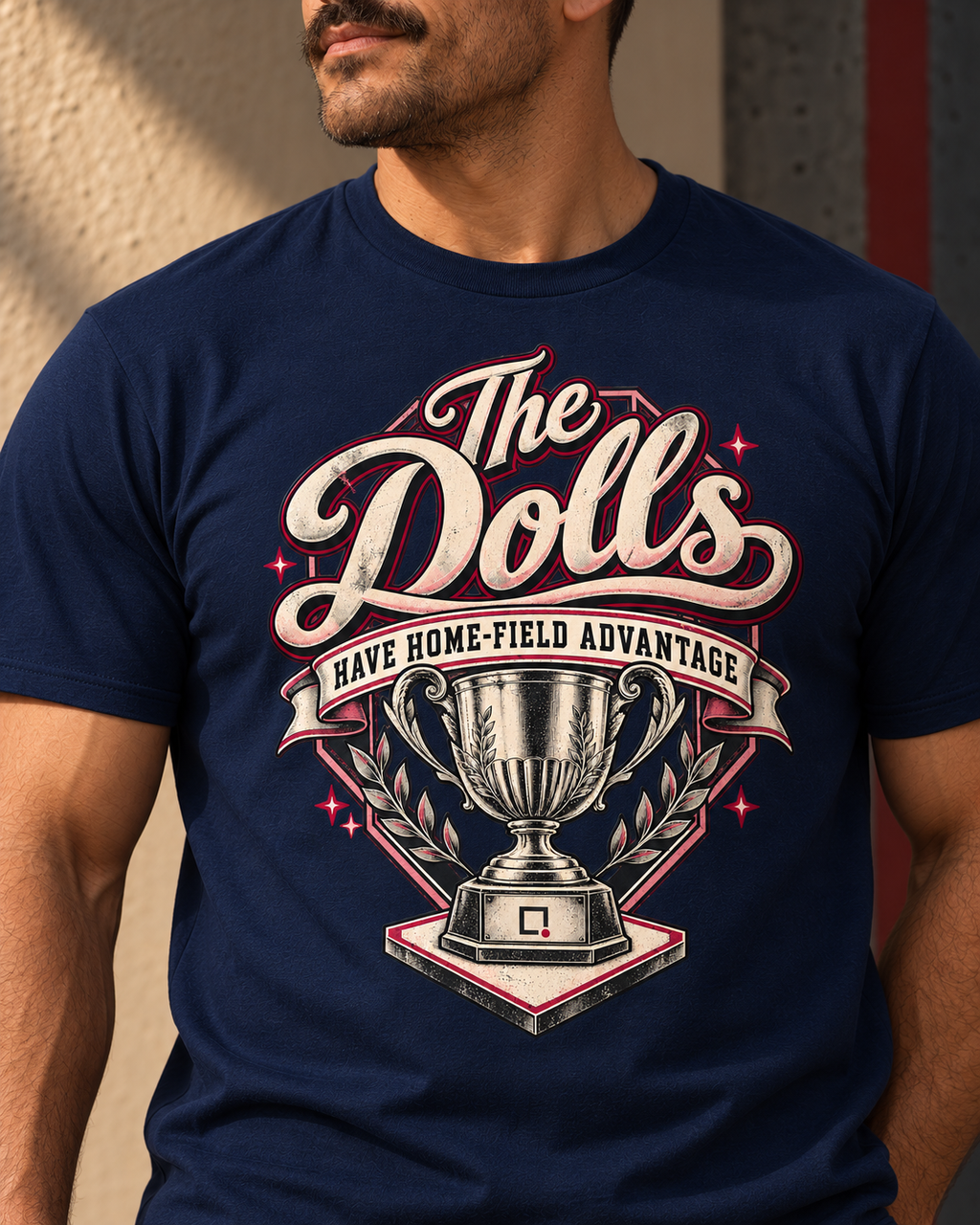 The Dolls Home-Field Advantage baseball graphic T-shirt from Position Pending Apparel.