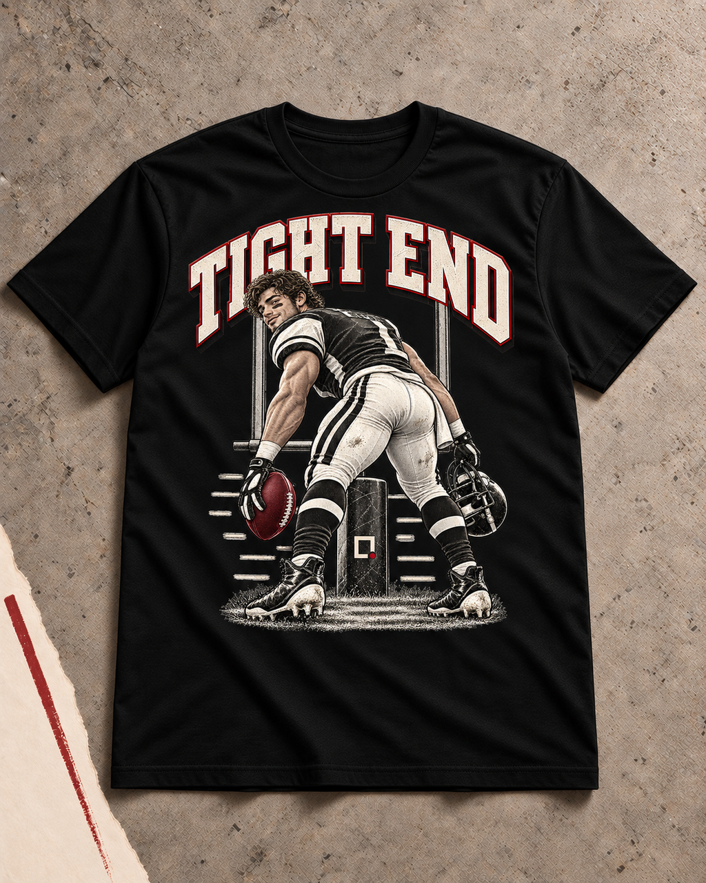 Black Tight End football graphic T-shirt shown in a flat lay.