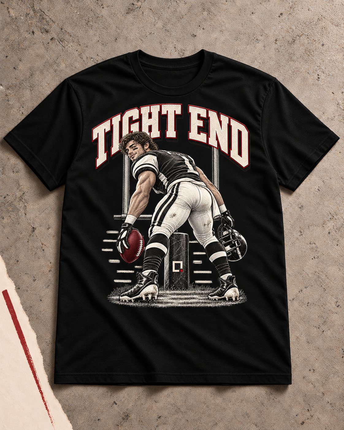 Black Tight End football graphic T-shirt shown in a flat lay.
